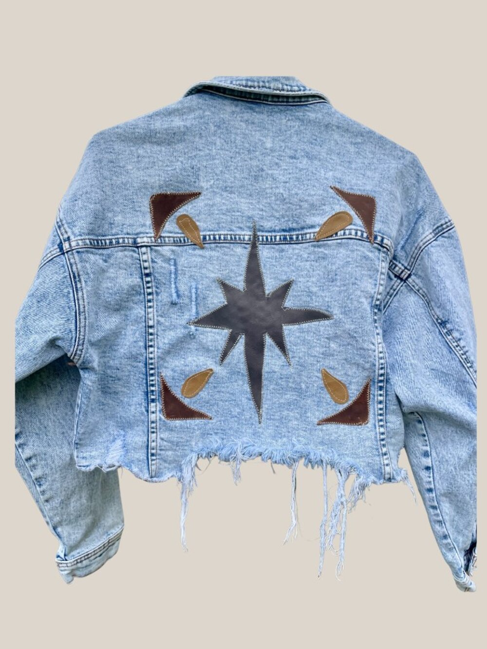 Large Upcycled Celestial Denim Jacket Leather Star